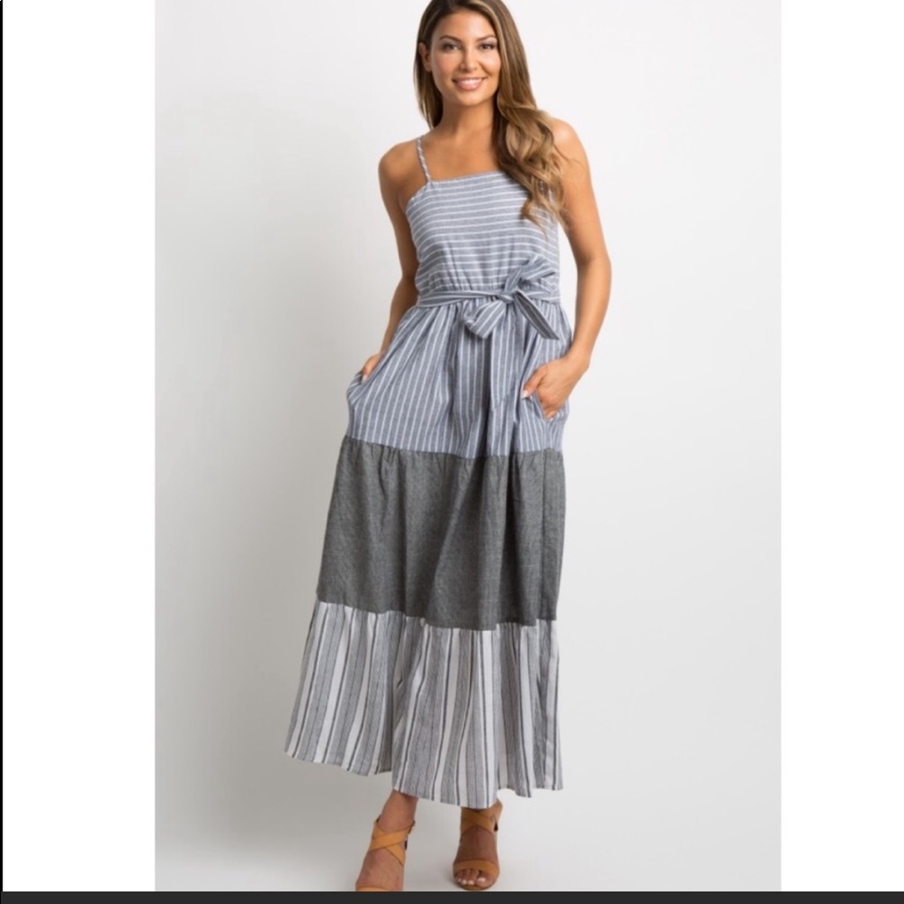 Pink Blush Multi-Tier Stripe Maternity Maxi Dress